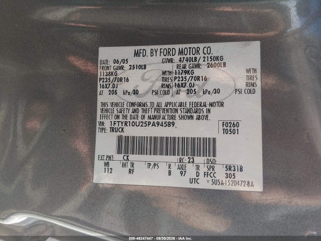Продажа на аукционе авто 2005 Ford Ranger Edge/stx/xl/xls/xlt, vin: 1FTYR10U25PA94589, номер лота: 46247447