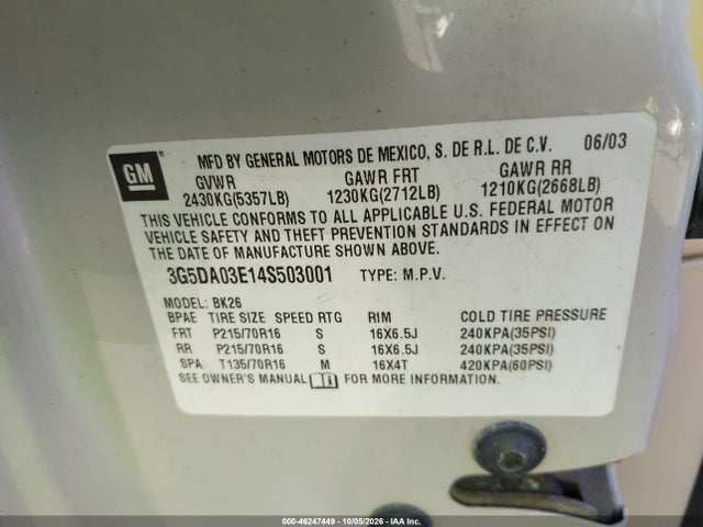 2004 Buick Rendezvous Cx მანქანა იყიდება აუქციონზე, vin: 3G5DA03E14S503001, აუქციონის ნომერი: 46247449