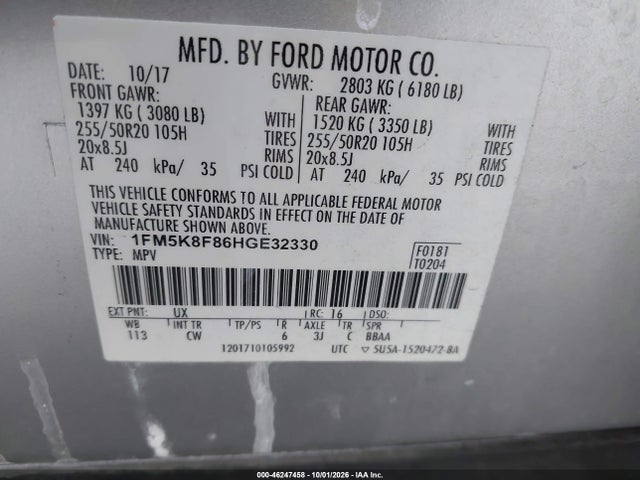 2017 Ford Explorer Limited მანქანა იყიდება აუქციონზე, vin: 1FM5K8F86HGE32330, აუქციონის ნომერი: 46247458