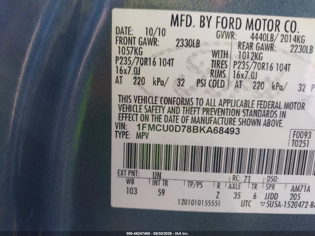46247460 :رقم المزاد ، 1FMCU0D78BKA68493 vin ، 2011 Ford Escape Xlt مزاد بيع