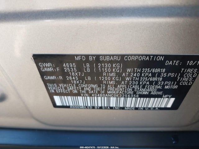 Продаж на аукціоні авто 2019 Subaru Outback 2.5i Limited, vin: 4S4BSANC0K3256356, номер лоту: 46247470