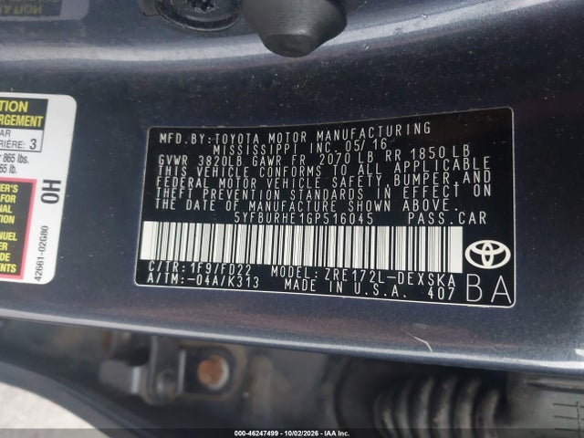 Продаж на аукціоні авто 2016 Toyota Corolla S Plus, vin: 5YFBURHE1GP516045, номер лоту: 46247499