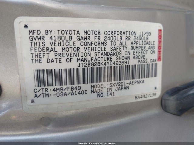 Продажа на аукционе авто 2000 Toyota Camry Le, vin: JT2BG28K4Y0423691, номер лота: 46247504