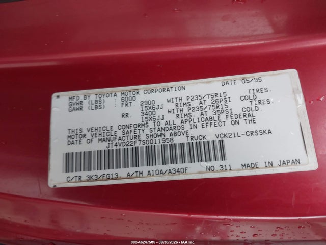 Продаж на аукціоні авто 1995 Toyota T100 Xtracab Sr5, vin: JT4VD22F7S0011958, номер лоту: 46247505