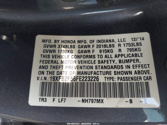 2015 Honda Civic Lx მანქანა იყიდება აუქციონზე, vin: 19XFB2F56FE223226, აუქციონის ნომერი: 46247521