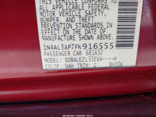 46247524 :رقم المزاد ، 1N4AL3AP7FN916555 vin ، 2015 Nissan Altima 2.5 S مزاد بيع