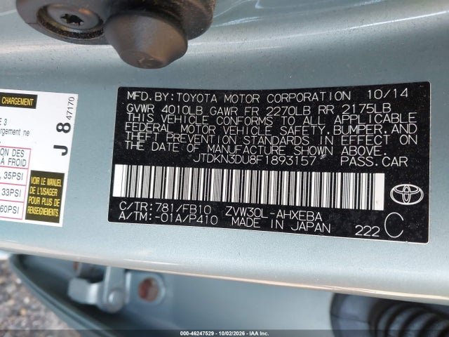 Продаж на аукціоні авто 2015 Toyota Prius, vin: JTDKN3DU8F1893157, номер лоту: 46247529