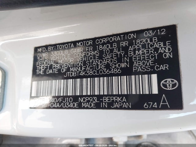 Aukcja sprzedaży 2012 Toyota Yaris, vin: JTDBT4K38CL036486, numer aukcji: 46247537