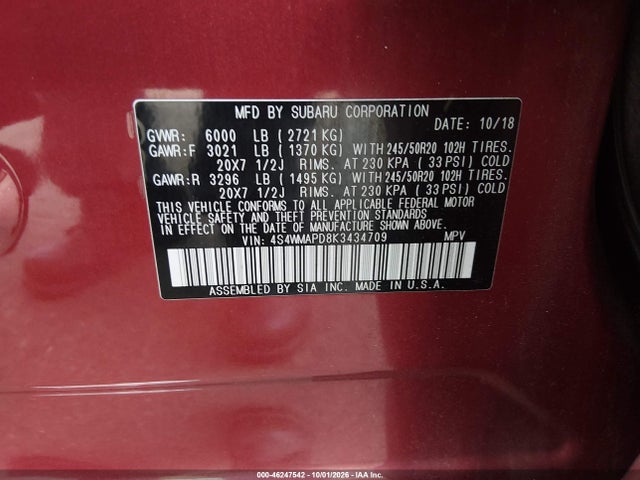 Продаж на аукціоні авто 2019 Subaru Ascent Limited, vin: 4S4WMAPD8K3434709, номер лоту: 46247542