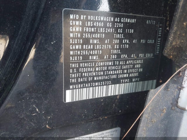 46247552 :رقم المزاد ، WVGBV7AX7DW525733 vin ، 2013 Volkswagen Tiguan Sel مزاد بيع