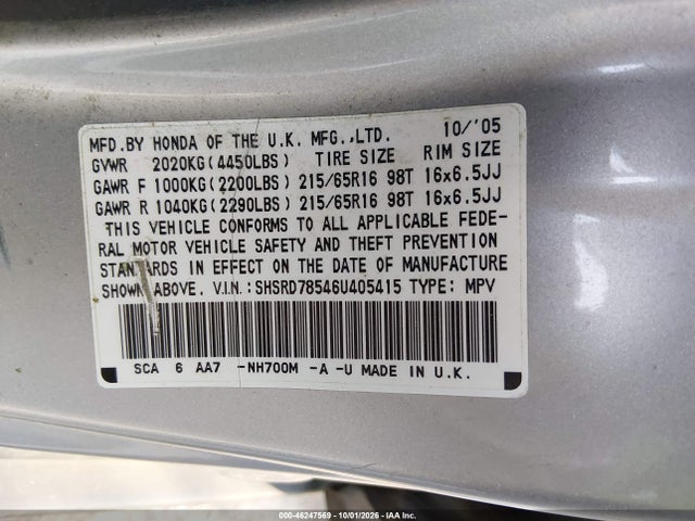 Aukcja sprzedaży 2006 Honda Cr-v Lx, vin: SHSRD78546U405415, numer aukcji: 46247569