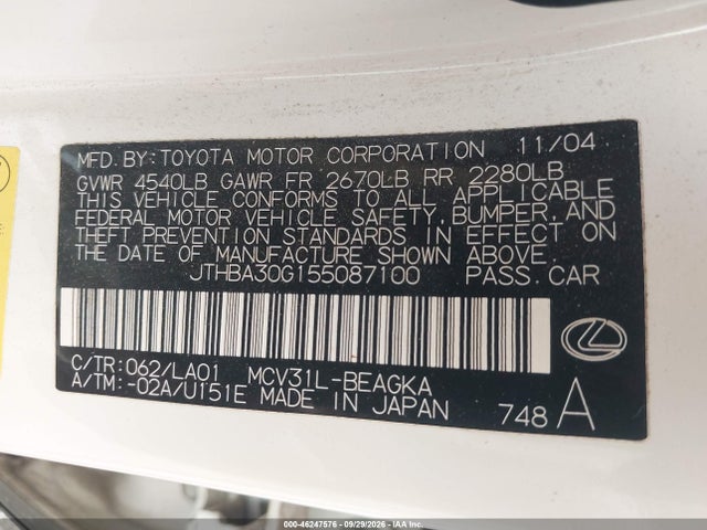 2005 Lexus Es 330 მანქანა იყიდება აუქციონზე, vin: JTHBA30G155087100, აუქციონის ნომერი: 46247576
