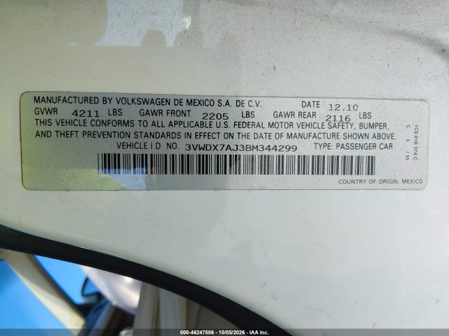 46247586 :رقم المزاد ، 3VWDX7AJ3BM344299 vin ، 2011 Volkswagen Jetta 2.5l Se مزاد بيع