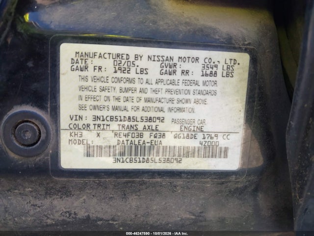 Aukcja sprzedaży 2005 Nissan Sentra 1.8s, vin: 3N1CB51D85L538092, numer aukcji: 46247590