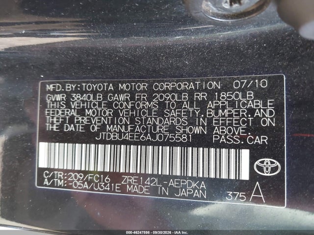 46247598 :رقم المزاد ، JTDBU4EE6AJ075581 vin ، 2010 Toyota Corolla Le مزاد بيع