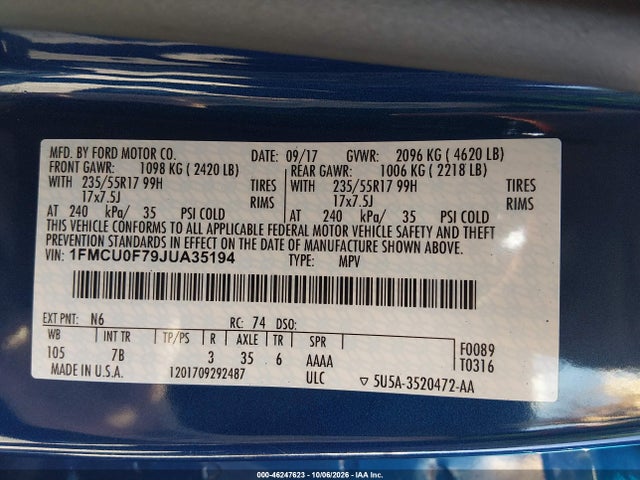 Продажа на аукционе авто 2018 Ford Escape S, vin: 1FMCU0F79JUA35194, номер лота: 46247623