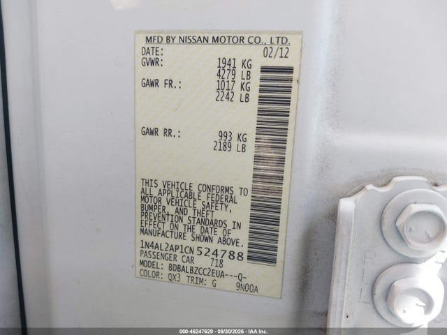 Продажа на аукционе авто 2012 Nissan Altima 2.5 S, vin: 1N4AL2AP1CN524788, номер лота: 46247629
