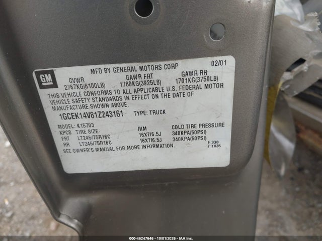 2001 Chevrolet Silverado 1500 Ls მანქანა იყიდება აუქციონზე, vin: 1GCEK14V81Z243161, აუქციონის ნომერი: 46247646