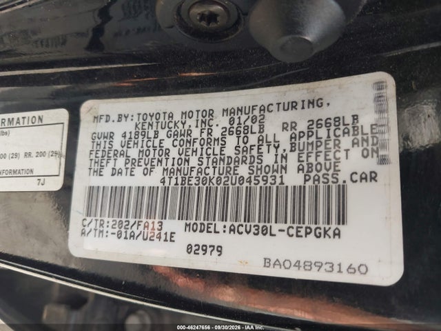 Продажа на аукционе авто 2002 Toyota Camry Xle, vin: 4T1BE30K02U045931, номер лота: 46247656