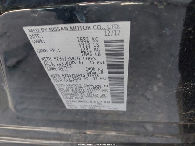 2013 Nissan Pathfinder Platinum მანქანა იყიდება აუქციონზე, vin: 5N1AR2MM6DC631788, აუქციონის ნომერი: 46247667