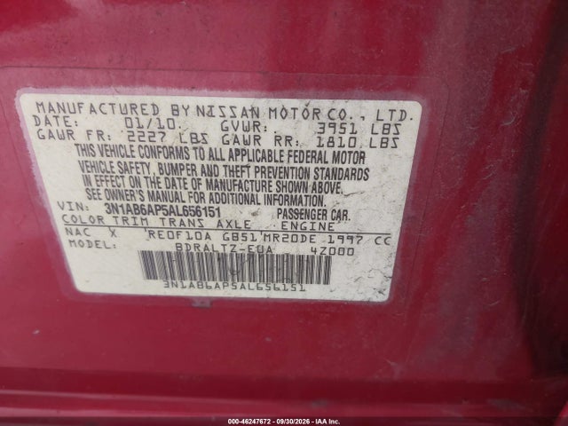 46247672 :رقم المزاد ، 3N1AB6AP5AL656151 vin ، 2010 Nissan Sentra 2.0s مزاد بيع