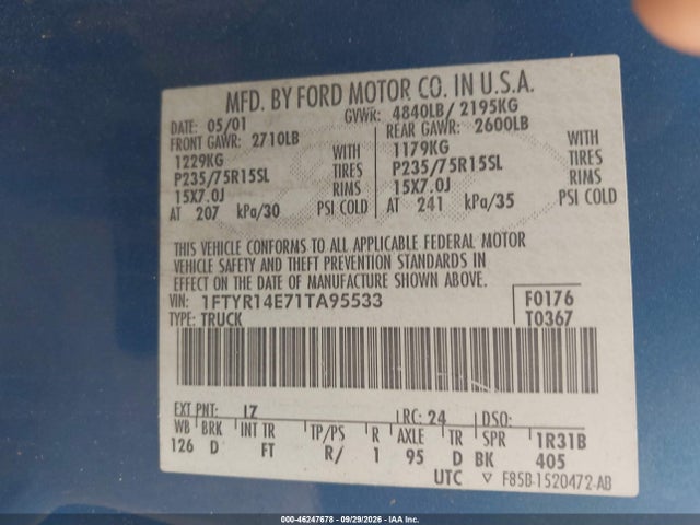 Продажа на аукционе авто 2001 Ford Ranger Edge/xlt, vin: 1FTYR14E71TA95533, номер лота: 46247678