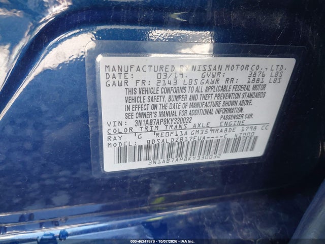 Продаж на аукціоні авто 2019 Nissan Sentra Sv, vin: 3N1AB7AP8KY330032, номер лоту: 46247679