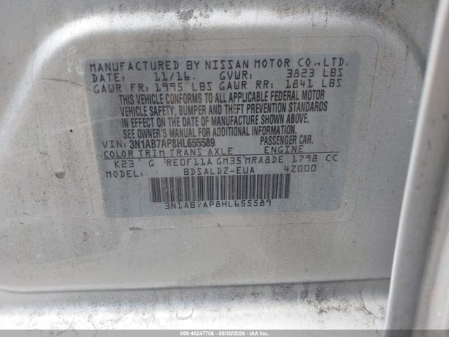 2017 Nissan Sentra Sv მანქანა იყიდება აუქციონზე, vin: 3N1AB7AP8HL655589, აუქციონის ნომერი: 46247706