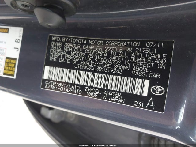 Aukcja sprzedaży 2011 Toyota Prius Four, vin: JTDKN3DU3B0319243, numer aukcji: 46247707