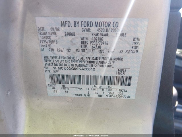Aukcja sprzedaży 2009 Ford Escape Xlt, vin: 1FMCU03G69KA26612, numer aukcji: 46247711