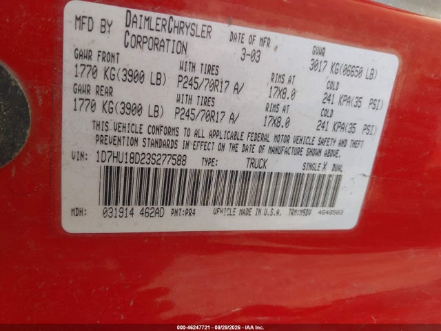 Продажа на аукционе авто 2003 Dodge Ram 1500 Slt/laramie/st, vin: 1D7HU18D23S277588, номер лота: 46247721