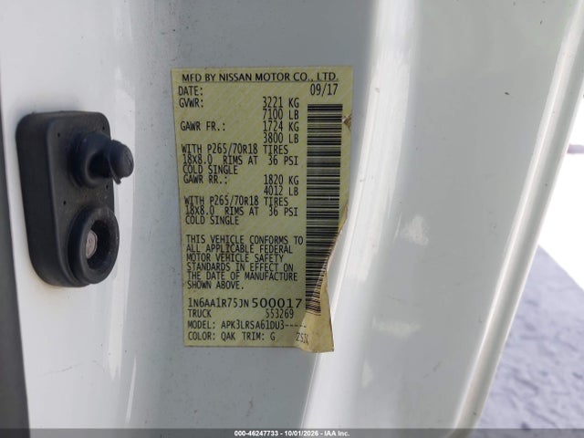 2018 Nissan Titan S მანქანა იყიდება აუქციონზე, vin: 1N6AA1R75JN500017, აუქციონის ნომერი: 46247733