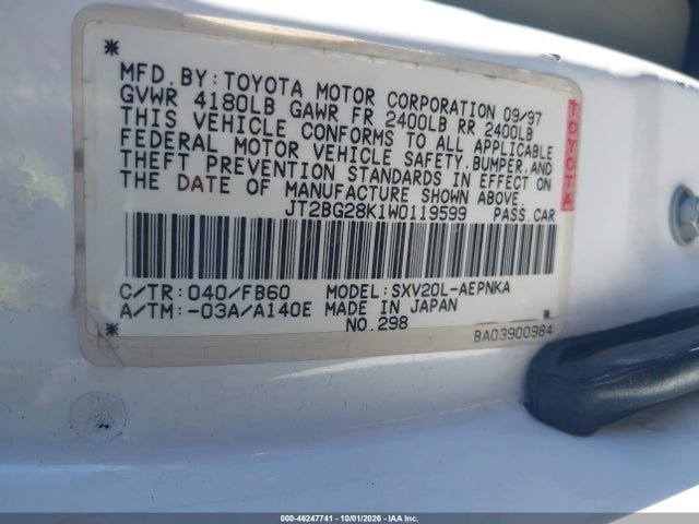 46247741 :رقم المزاد ، JT2BG28K1W0119599 vin ، 1998 Toyota Camry Le مزاد بيع