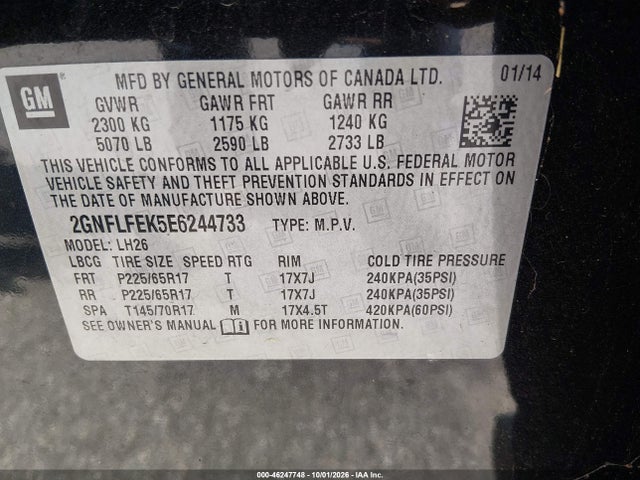 46247748 :رقم المزاد ، 2GNFLFEK5E6244733 vin ، 2014 Chevrolet Equinox 1lt مزاد بيع
