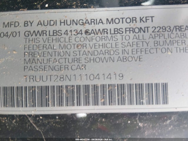 2001 Audi Tt მანქანა იყიდება აუქციონზე, vin: TRUUT28N111041419, აუქციონის ნომერი: 46247756