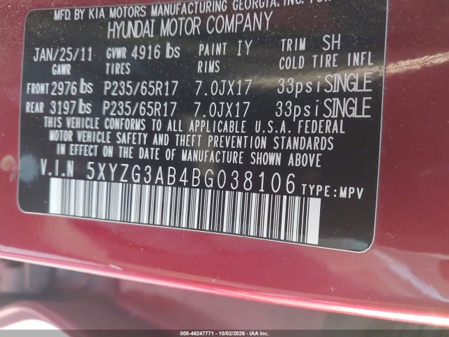 Aukcja sprzedaży 2011 Hyundai Santa Fe Gls, vin: 5XYZG3AB4BG038106, numer aukcji: 46247771