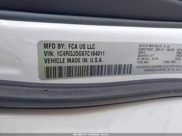 46247774 :رقم المزاد ، 1C4RDJDG6TC164011 vin ، 2026 Dodge Durango Gt Awd مزاد بيع
