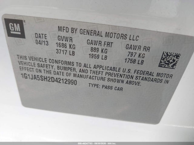 46247783 :رقم المزاد ، 1G1JA5SH2D4212990 vin ، 2013 Chevrolet Sonic Ls Auto مزاد بيع