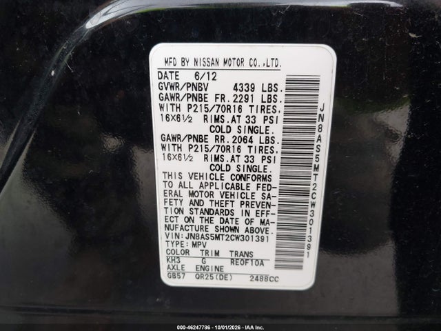 Aukcja sprzedaży 2012 Nissan Rogue S, vin: JN8AS5MT2CW301391, numer aukcji: 46247786