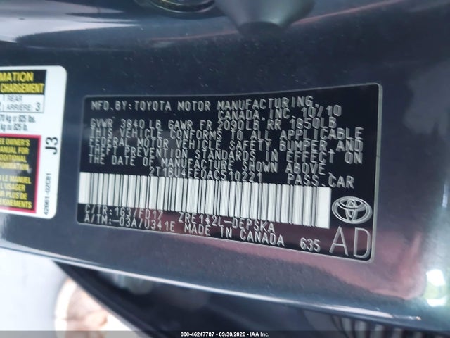 Продаж на аукціоні авто 2010 Toyota Corolla S, vin: 2T1BU4EE0AC510221, номер лоту: 46247787