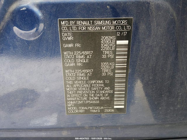 46247822 :رقم المزاد ، KNMAT2MT7JP541633 vin ، 2018 Nissan Rogue S مزاد بيع