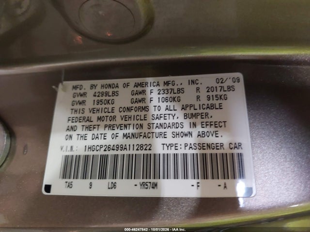 2009 Honda Accord 2.4 Lx-p მანქანა იყიდება აუქციონზე, vin: 1HGCP26499A112822, აუქციონის ნომერი: 46247842