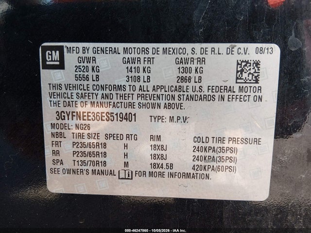 46247860 :رقم المزاد ، 3GYFNEE36ES519401 vin ، 2014 Cadillac Srx Luxury Collection مزاد بيع