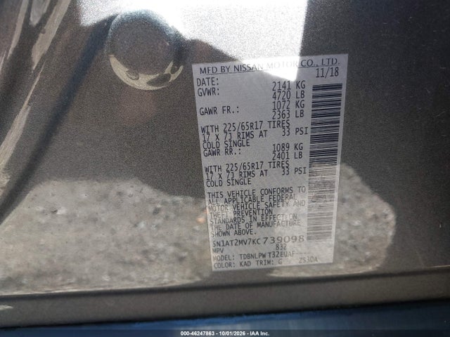 Aukcja sprzedaży 2019 Nissan Rogue S, vin: 5N1AT2MV7KC739098, numer aukcji: 46247863