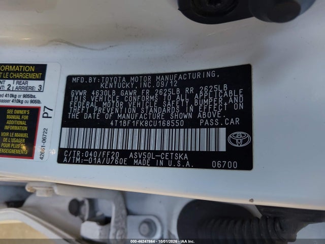 Продажа на аукционе авто 2012 Toyota Camry Se, vin: 4T1BF1FK8CU168550, номер лота: 46247864