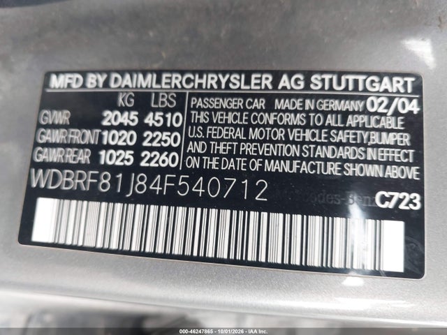 Auction sale of the 2004 Mercedes-benz C 240 4matic, vin: WDBRF81J84F540712, lot number: 46247865