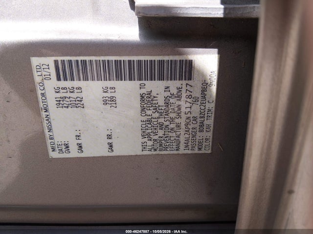 Aukcja sprzedaży 2012 Nissan Altima 2.5 S, vin: 1N4AL2AP9CN517877, numer aukcji: 46247887