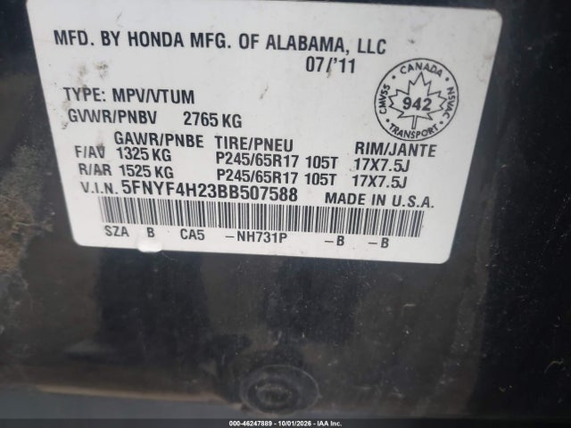 46247889 :رقم المزاد ، 5FNYF4H23BB507588 vin ، 2011 Honda Pilot Lx مزاد بيع