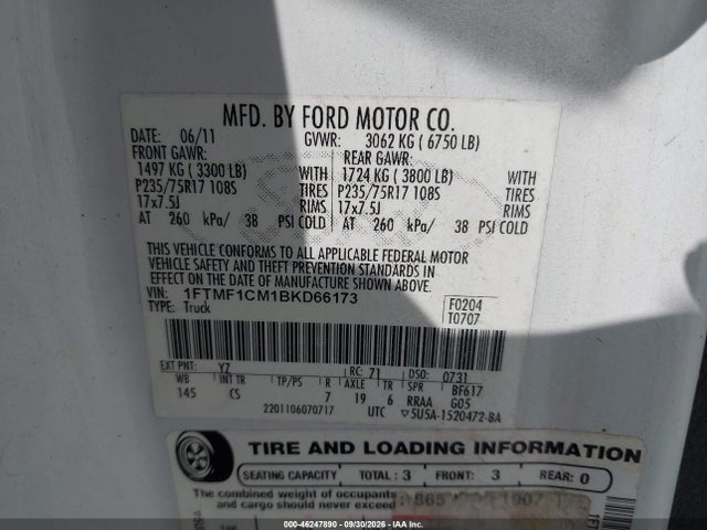 Продажа на аукционе авто 2011 Ford F-150 Xl, vin: 1FTMF1CM1BKD66173, номер лота: 46247890