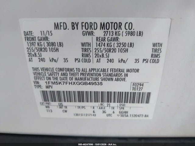46247896 :رقم المزاد ، 1FM5K7FHXGGB49535 vin ، 2016 Ford Explorer Limited مزاد بيع